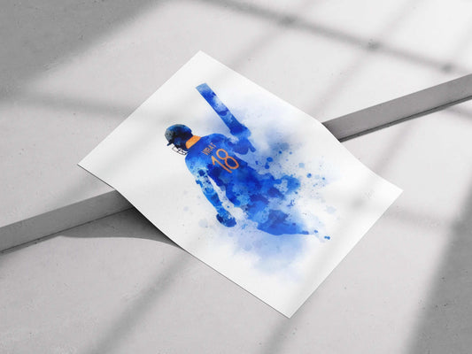 Virat Kohli Watercolor Poster – Abstract Blue Art Print of India’s No.18