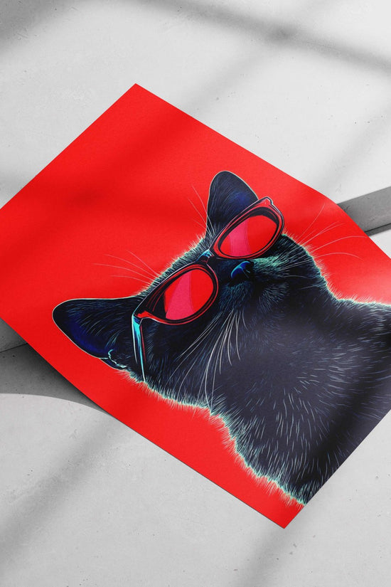 Black cat wearing red sunglasses Main Subject: Black cat wearing red sunglasses Matte poster print — Art wall art India |