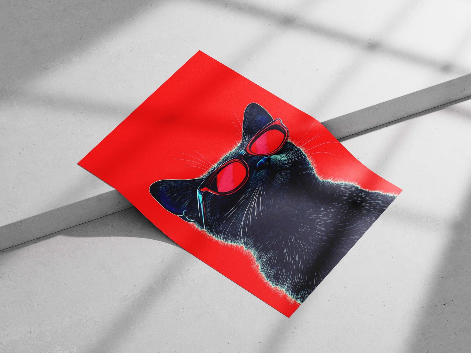 Black cat wearing red sunglasses Main Subject: Black cat wearing red sunglasses Matte poster print — Art wall art India |