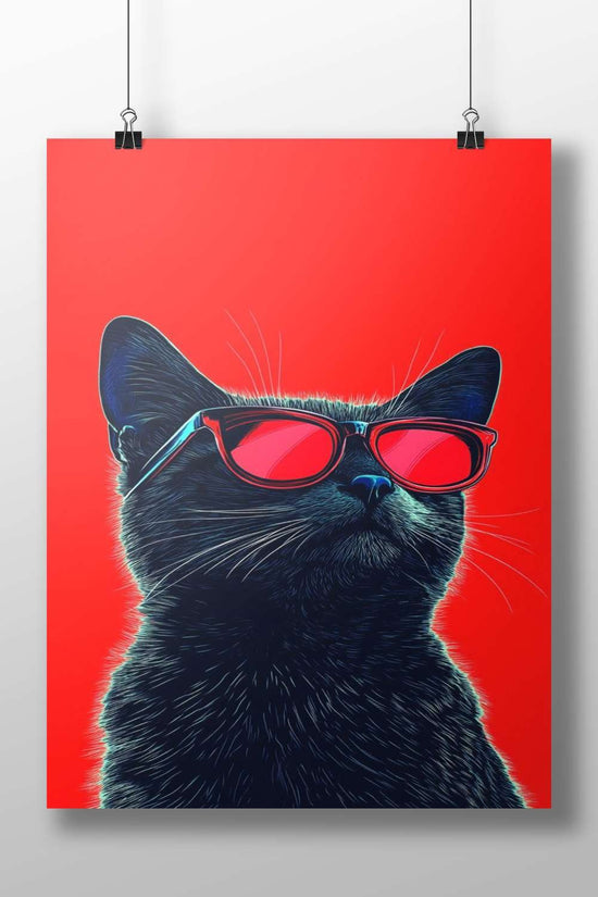 Black cat wearing red sunglasses Main Subject: Black cat wearing red sunglasses Matte BoizzBoard rigid print — Art wall art