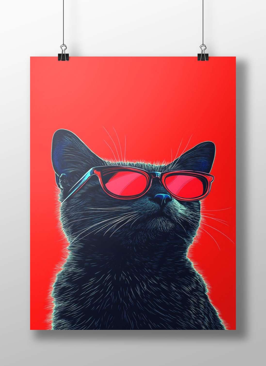 Black cat wearing red sunglasses Main Subject: Black cat wearing red sunglasses Matte BoizzBoard rigid print — Art wall art