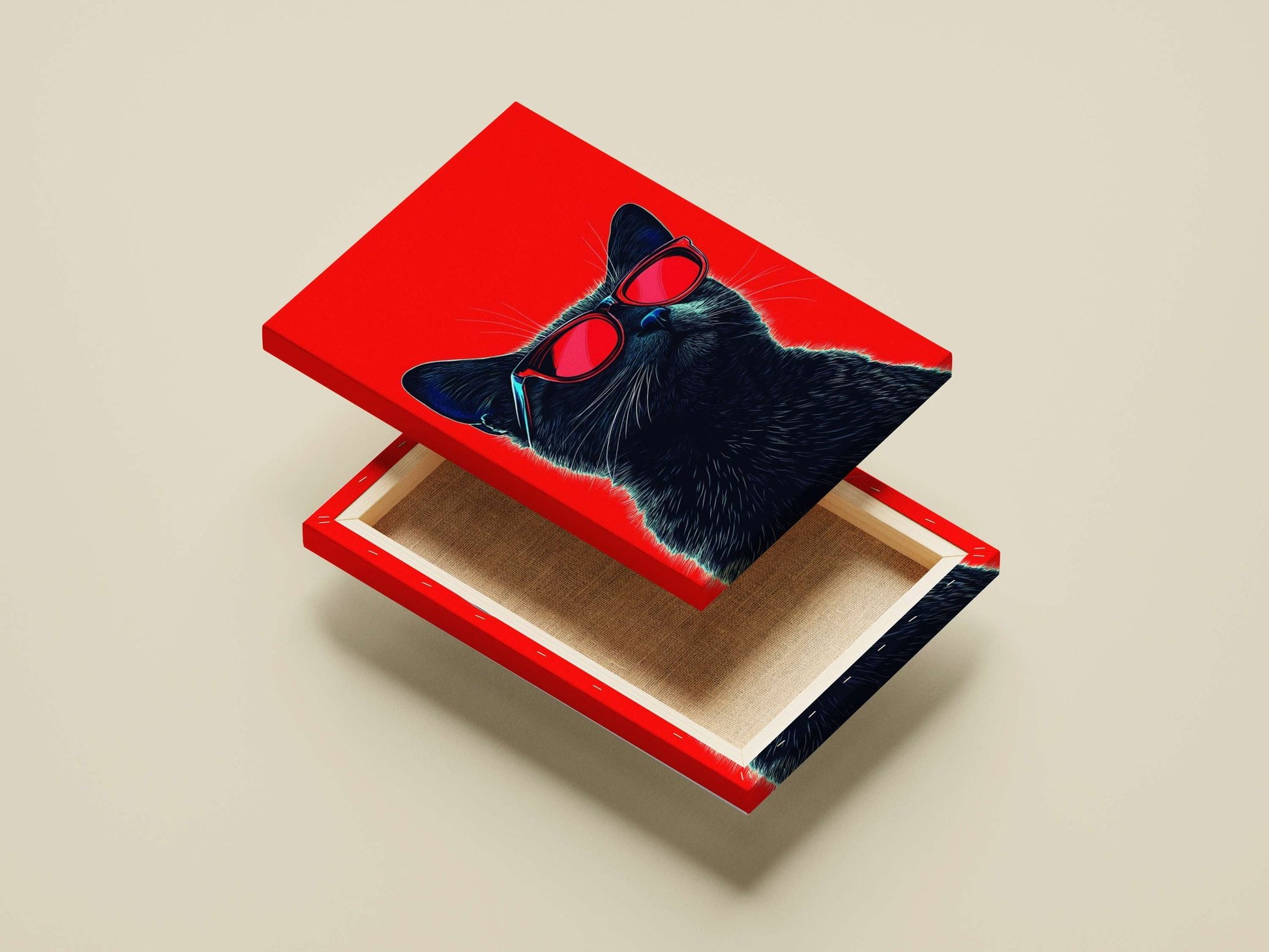 Black cat wearing red sunglasses Main Subject: Black cat wearing red sunglasses Canvas wall art — Art wall art India |