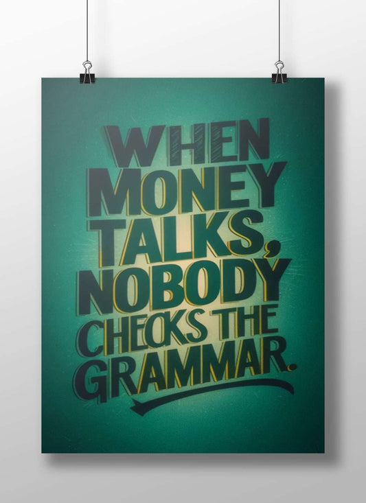 The textual phrase "WHEN MONEY TALKS, NOBODY CHECKS THE GRAMMAR." When Money Talks - Quote