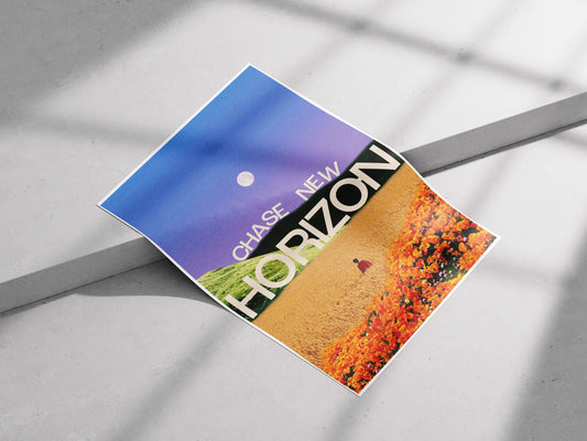 "Chase New Horizon" Inspirational Landscape Art Poster - Dreamy Fields & Full Moon Motivational Print