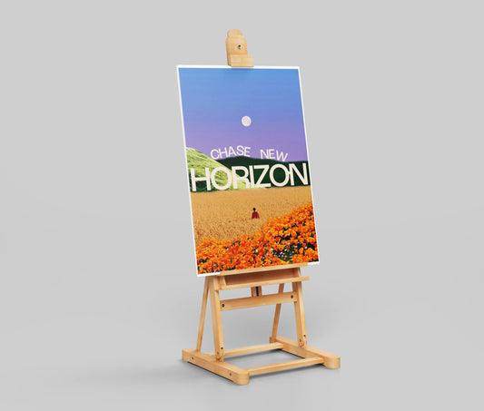 "Chase New Horizon" Inspirational Landscape Art Poster - Dreamy Fields & Full Moon Motivational Print
