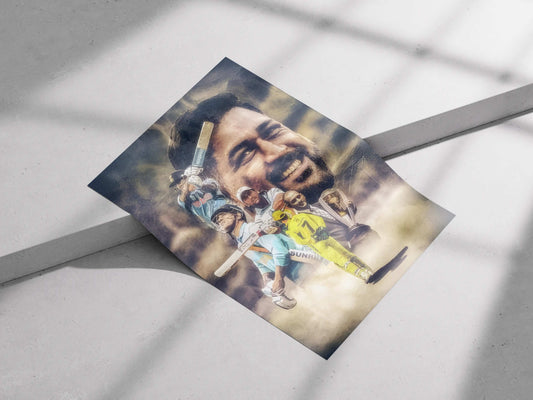 MS Dhoni Legacy Poster – Captain Cool Cricket Collage Wall Art Tribute