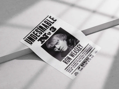 Ron Weasley "Undesirable No. 3" Harry Potter Wanted Poster - Ministry of Magic Propaganda Art Print
