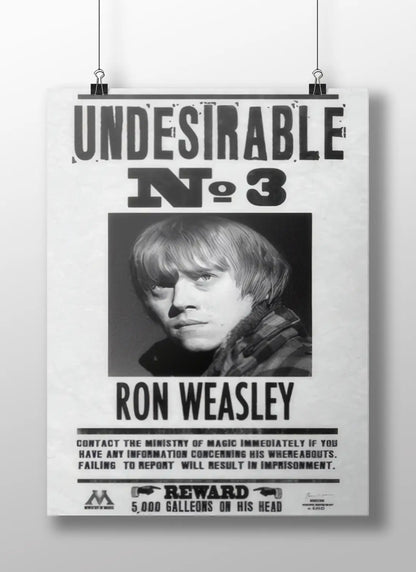 Ron Weasley "Undesirable No. 3" Harry Potter Wanted Poster - Ministry of Magic Propaganda Art Print