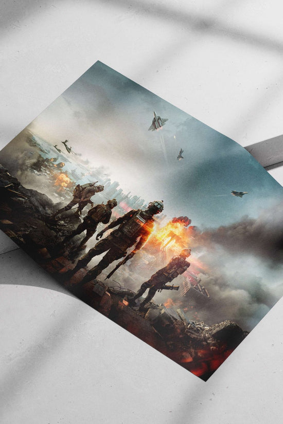 Futuristic soldiers in advanced combat armor observing aerial warfare over a destroyed cityscape. Main Subject: Futuristic