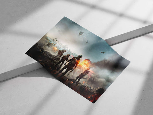 Futuristic soldiers in advanced combat armor observing aerial warfare over a destroyed cityscape. Main Subject: Futuristic