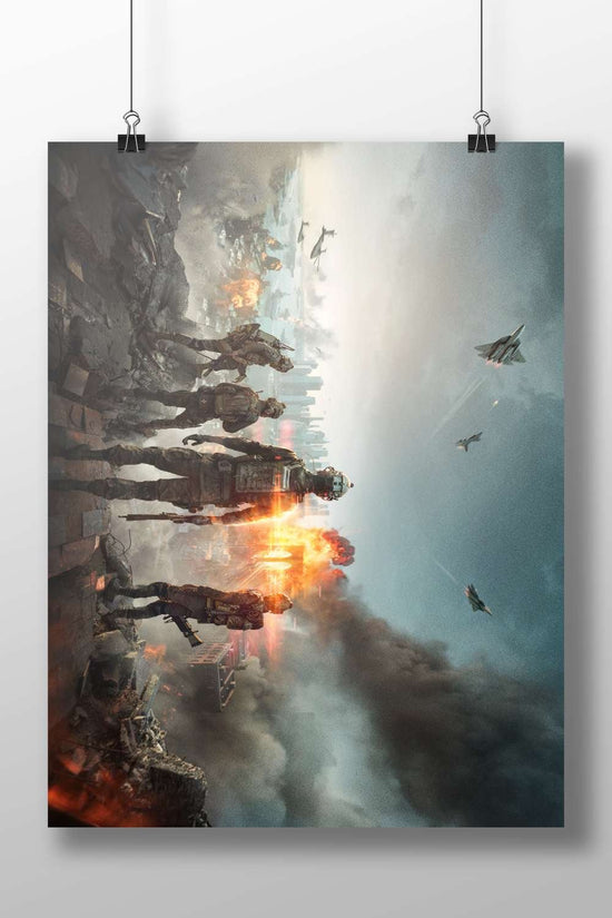 Futuristic soldiers in advanced combat armor observing aerial warfare over a destroyed cityscape. Main Subject: Futuristic