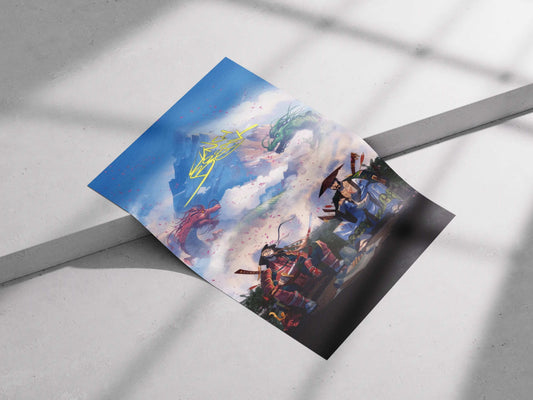 Lunch Break Samurai Poster – Anime-Style Warrior & Dragon Fantasy Art Print | Japanese Ronin Wall Decor