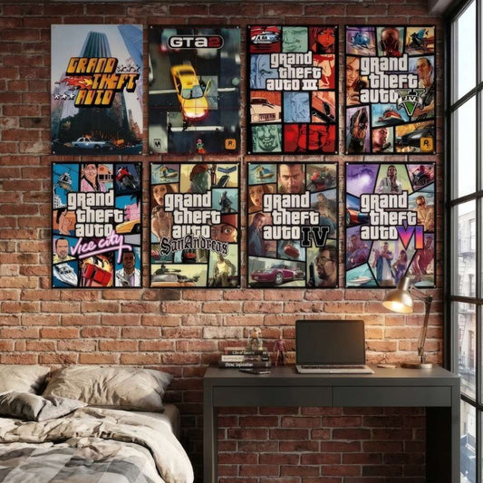 Collection of Grand Theft Auto posters on a brick wall above a bed and desk. Textured gallery canvas prints of the Grand Theft Auto series cover art, highlighting the vibrant comic-style aesthetic and gaming history.