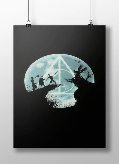 Harry Potter Deathly Hallows Full Moon Silhouette Art Print - Golden Trio Minimalist Poster