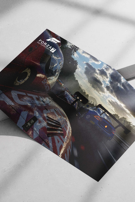 Forza Motorsport 7 video game (featuring racing cars like the red "SKYACTIV" vehicle and blue "PRO-AM" car) Main Subject: