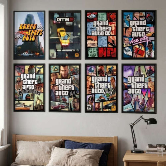 Collection of Grand Theft Auto posters on a wall above a bed. Complete set of 8 Grand Theft Auto movie-style posters from GTA 1 to GTA 6, styled as a gallery wall in a modern gamer bedroom.