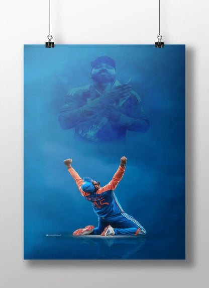 Rohit Sharma Victory Poster – Blue Legacy Cricket Wall Art | Team India Captain Tribute