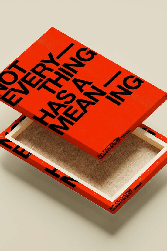 The phrase "NOT EVERYTHING HAS A MEANING — BUT YOU CAN FIND MEANING IN MOST THINGS." Main Subject: The phrase "NOT
