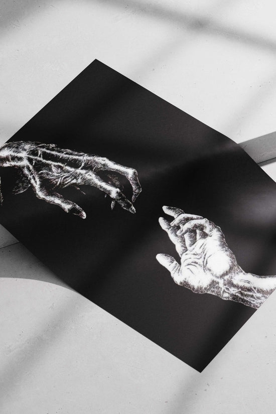 two hands (skeletal and human) Two Hands - Noir Minimalist Poster