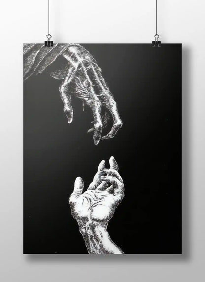 Reaching Hands Black and White Poster | Symbolic Minimalist Wall Art Print