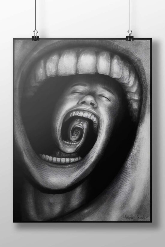 A stylized human mouth with recursive spiral structures Shri Krishna Leela Lovers - Divine Mouth