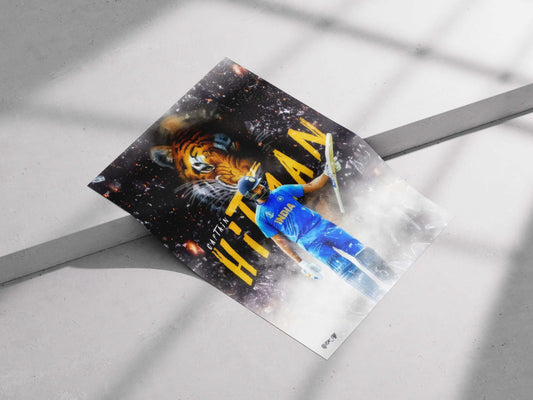 Rohit Sharma Poster – “Captain Hitman” | Indian Cricket Star Wall Art | Tiger Background