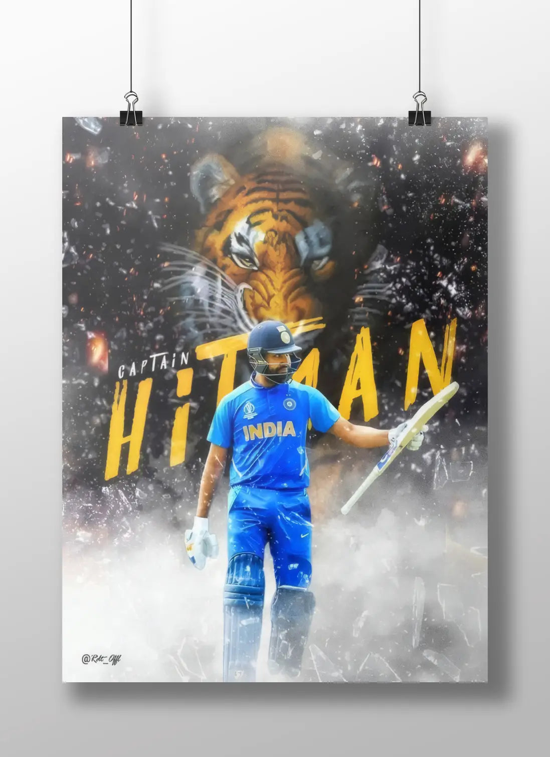 Rohit Sharma Poster – “Captain Hitman” | Indian Cricket Star Wall Art | Tiger Background