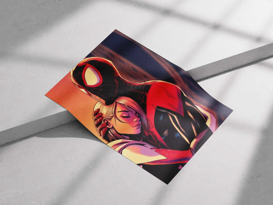Spider-Man: Miles Morales & Spider-Gwen Embrace Comic Art Poster - Across The Spider-Verse Love & Friendship Print