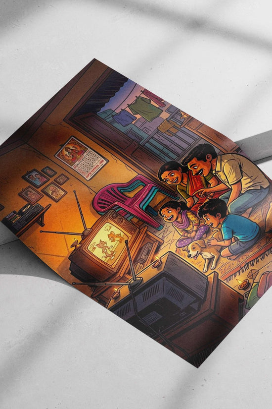 Tom and Jerry (franchise) being watched by a family in a domestic setting with religious/cultural elements like a deity