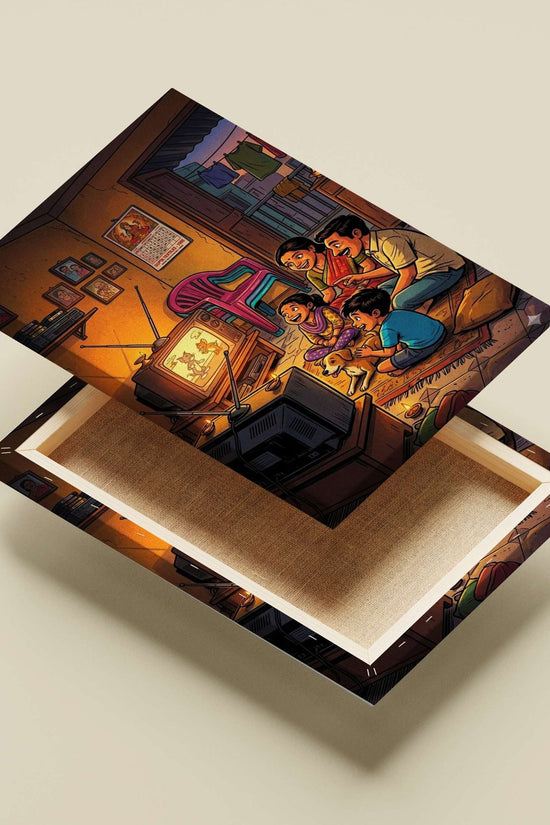Tom and Jerry (franchise) being watched by a family in a domestic setting with religious/cultural elements like a deity