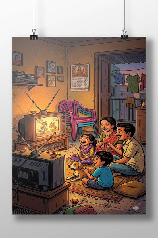 Tom and Jerry (franchise) being watched by a family in a domestic setting with religious/cultural elements like a deity