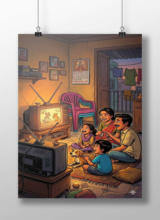 Tom and Jerry (franchise) being watched by a family in a domestic setting with religious/cultural elements like a deity