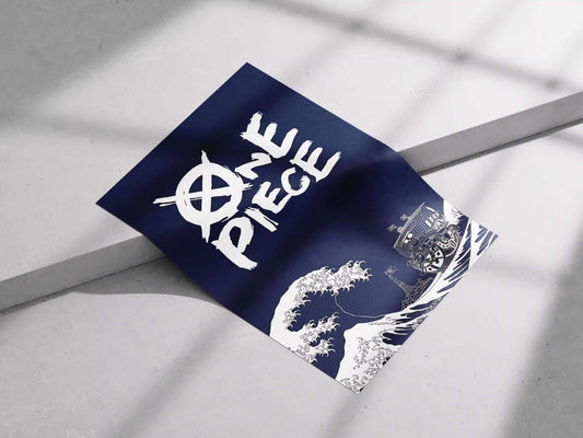 One Piece "The Great Wave" Style Minimalist Anime Poster - Thousand Sunny & Iconic Logo Art Print