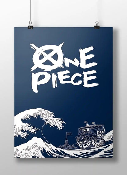 One Piece "The Great Wave" Style Minimalist Anime Poster - Thousand Sunny & Iconic Logo Art Print