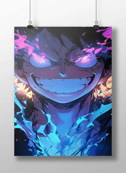 One Piece Monkey D. Luffy Gear 5 Awakening Anime Poster - Glowing Smile & Pink-Blue Aura Art Print