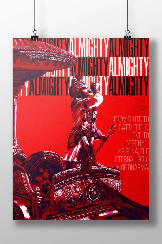 Lord Krishna On Chariot Digital Collage Red Art Poster – Divine Wall Art
