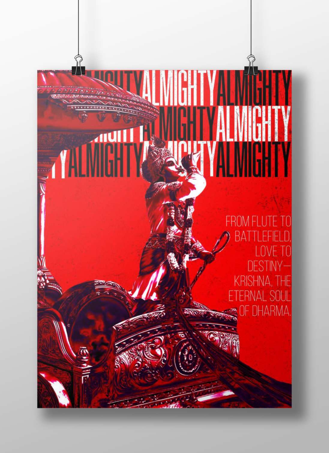 Lord Krishna On Chariot Digital Collage Red Art Poster – Divine Wall Art