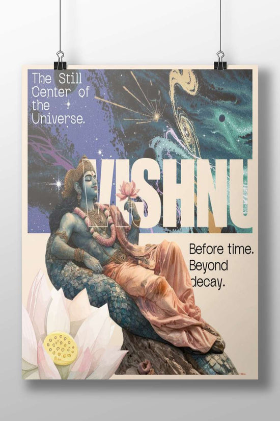 Lord Vishnu Cosmic Night Digital Collage Poster – Divine Art For Spiritual Space