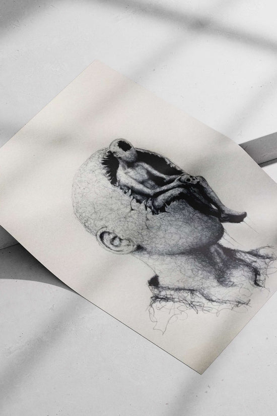 Human Head with Embedded Alien Figure Cerebral Contemplation - Alien Insight Poster