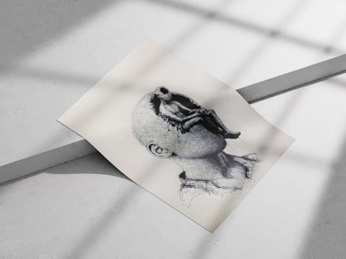 Human Head with Embedded Alien Figure Cerebral Contemplation - Alien Insight Poster