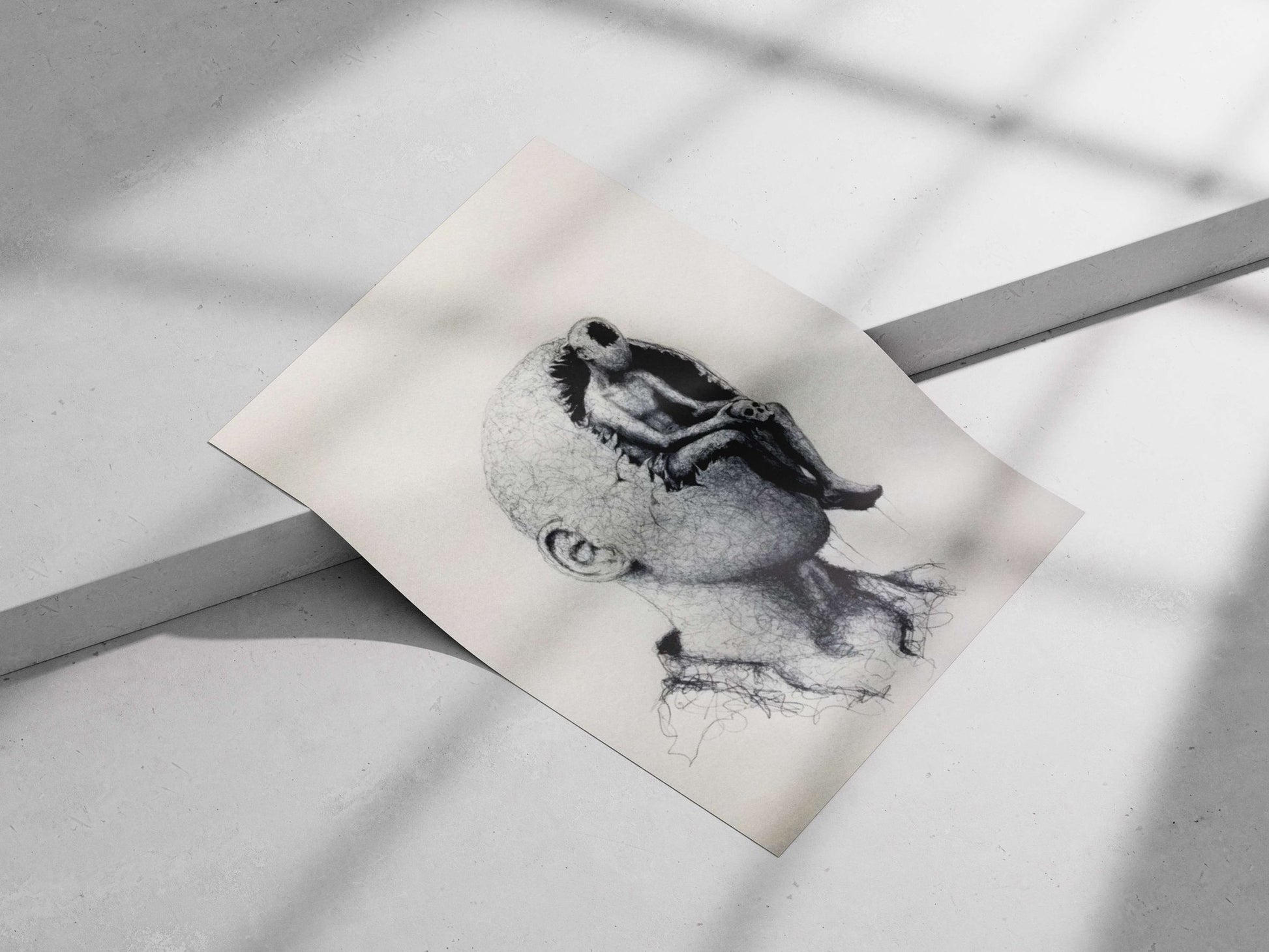 Human Head with Embedded Alien Figure Cerebral Contemplation - Alien Insight Poster