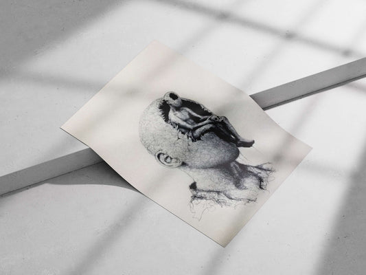 Human Head with Embedded Alien Figure Cerebral Contemplation - Alien Insight Poster