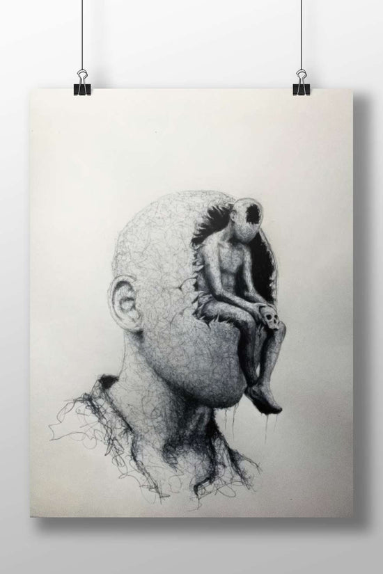 Human Head with Embedded Alien Figure Cerebral Contemplation - Alien Insight Poster