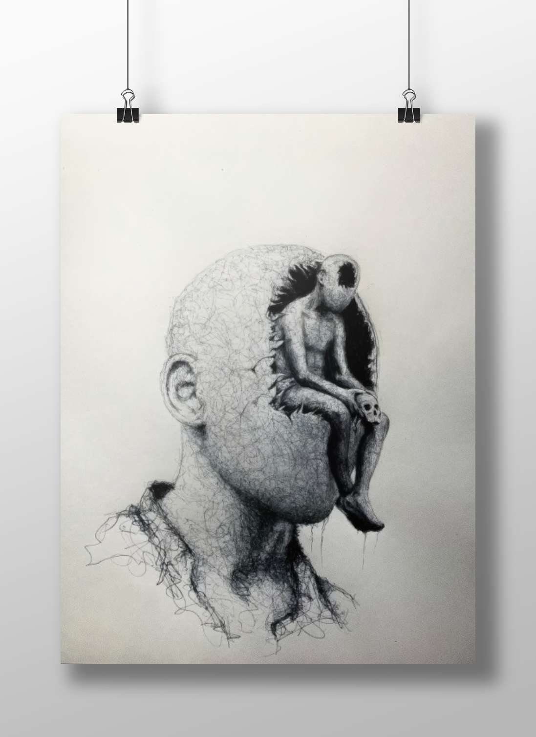 Human Head with Embedded Alien Figure Cerebral Contemplation - Alien Insight Poster