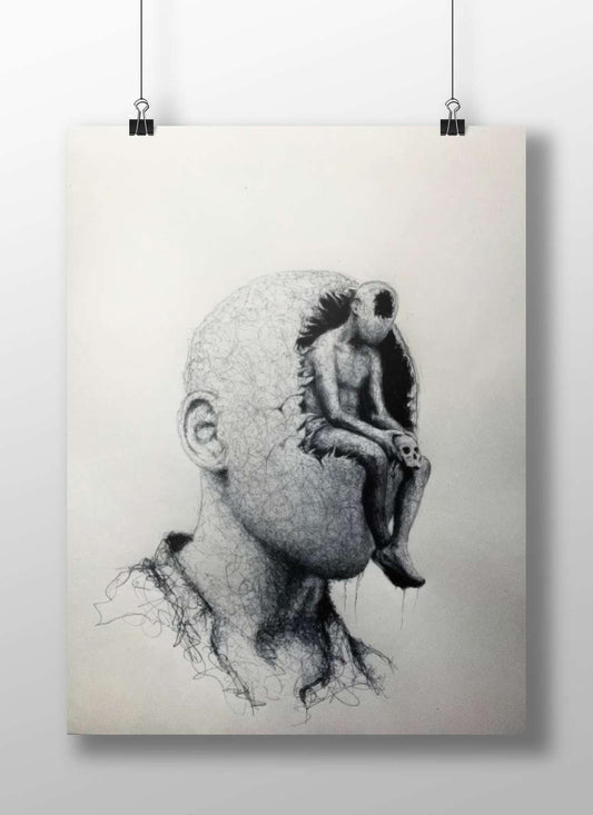 Human Head with Embedded Alien Figure Cerebral Contemplation - Alien Insight Poster