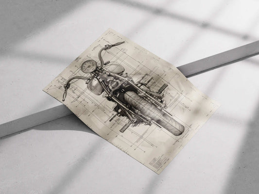 Harley-Davidson Motorcycle Blueprint Poster – Vintage Biker Wall Art for Garage & Workshop Decor