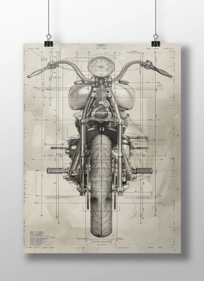 Harley-Davidson Motorcycle Blueprint Poster – Vintage Biker Wall Art for Garage & Workshop Decor