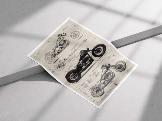 Custom Bobber Motorcycle Blueprint Poster – Vintage Garage Wall Art for Bikers & Engineers
