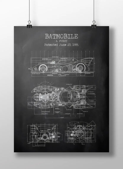 Batmobile Blueprint Patent Poster - Batman 1989 Tim Burton Movie Vehicle Technical Drawing Art Print