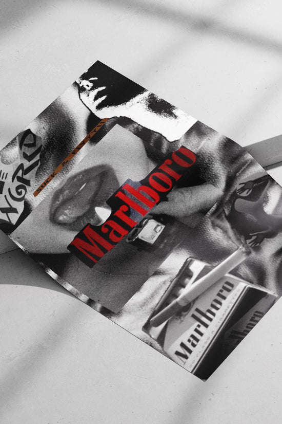 Digital collage featuring Marlboro cigarette brand, lips close-up, and text elements "I S T T